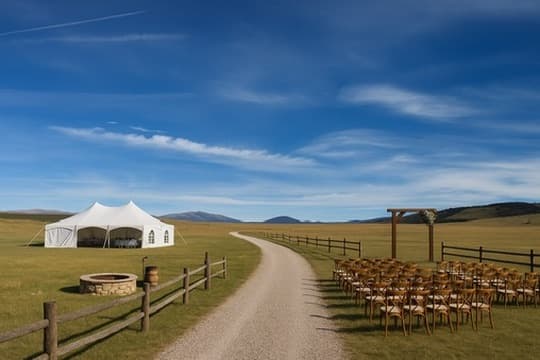 Redhill Valley venue — open meadow with white tent and Rocky Mountain backdrop